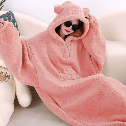 Winter Soft Fleece Blanket with Sleeves Hooded Sweater Blanket Wearable Oversized Outdoor Warm Flannel Hoodie Blanket