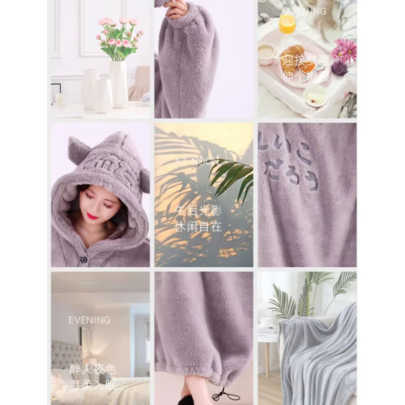 Winter Soft Fleece Blanket with Sleeves Hooded Sweater Blanket Wearable Oversized Outdoor Warm Flannel Hoodie Blanket