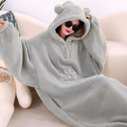 Winter Soft Fleece Blanket with Sleeves Hooded Sweater Blanket Wearable Oversized Outdoor Warm Flannel Hoodie Blanket