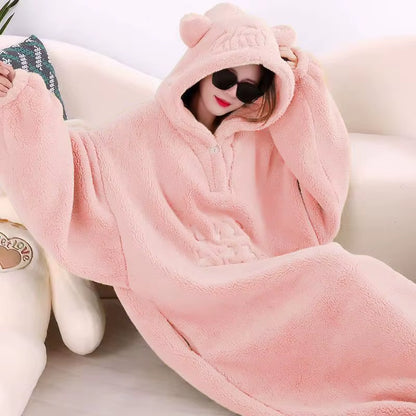 Winter Soft Fleece Blanket with Sleeves Hooded Sweater Blanket Wearable Oversized Outdoor Warm Flannel Hoodie Blanket