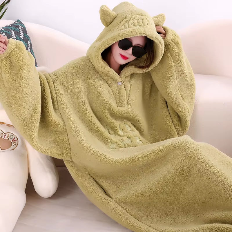 Winter Soft Fleece Blanket with Sleeves Hooded Sweater Blanket Wearable Oversized Outdoor Warm Flannel Hoodie Blanket